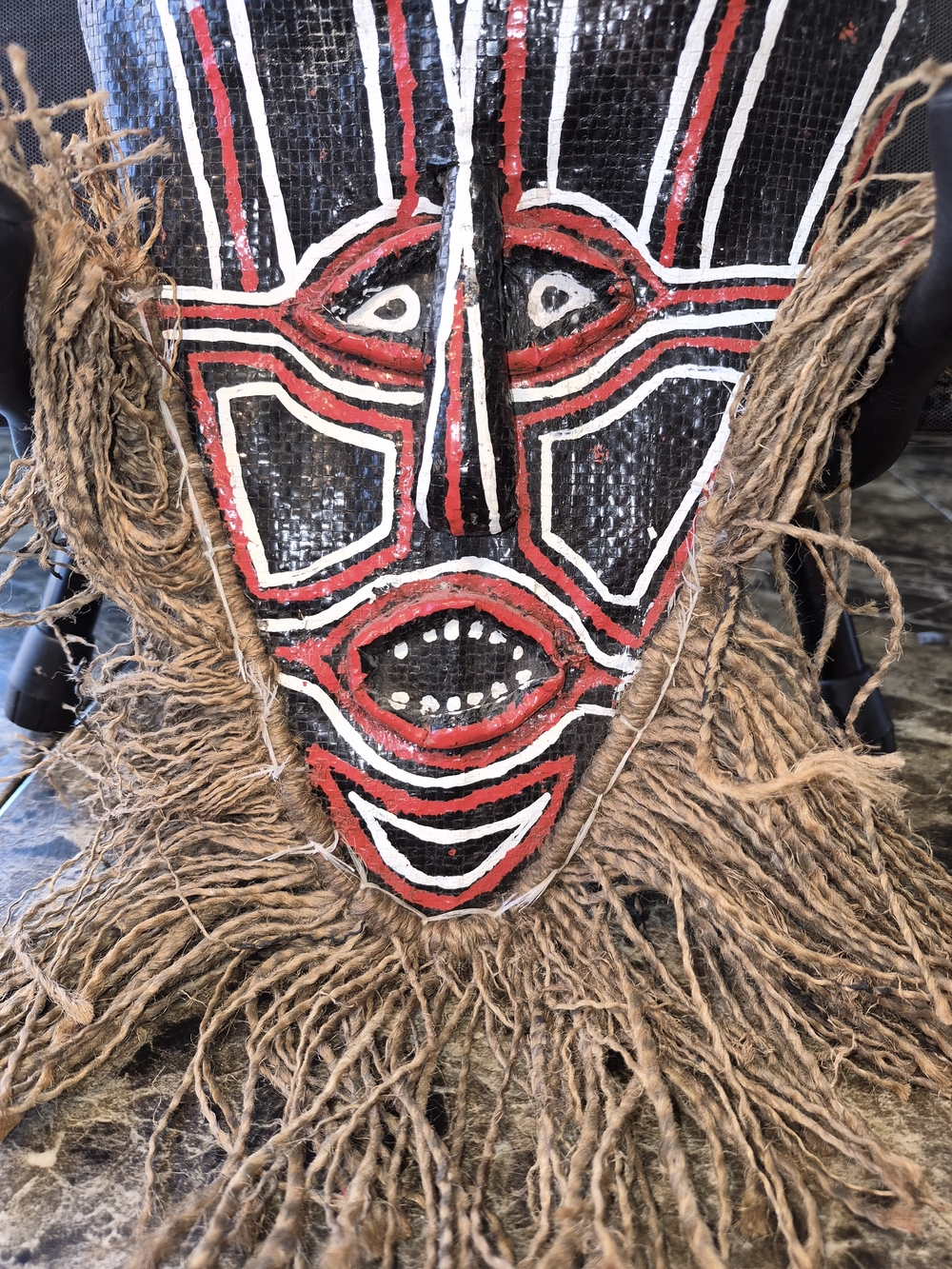 Handmade Tribal Wall Mask in Black, Red & White with Natural Fringe